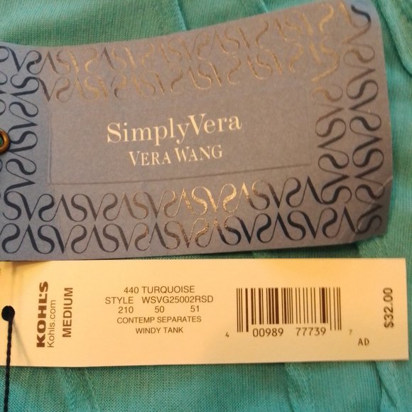 NWT Simply Vera Vera Wang turquoise tank top, sz M - Picture 5 of 7